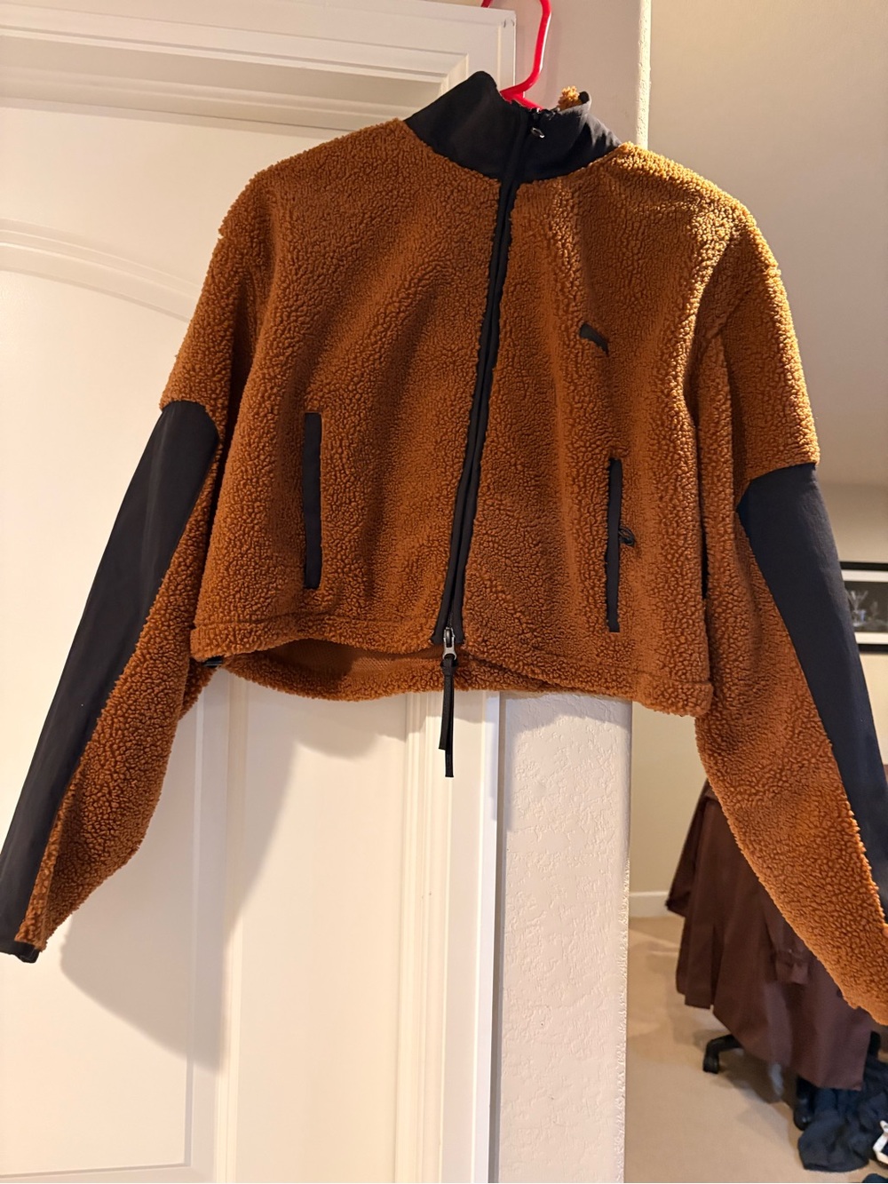 Skims Brown Sherpa Zip Jacket with Black Trim